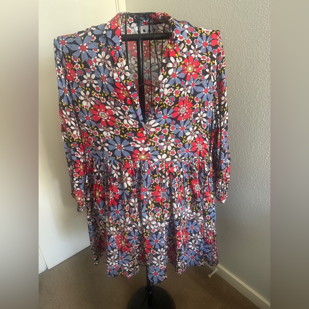 Red and Blue Tiered Long Sleeve Dress with Mandarin Collar